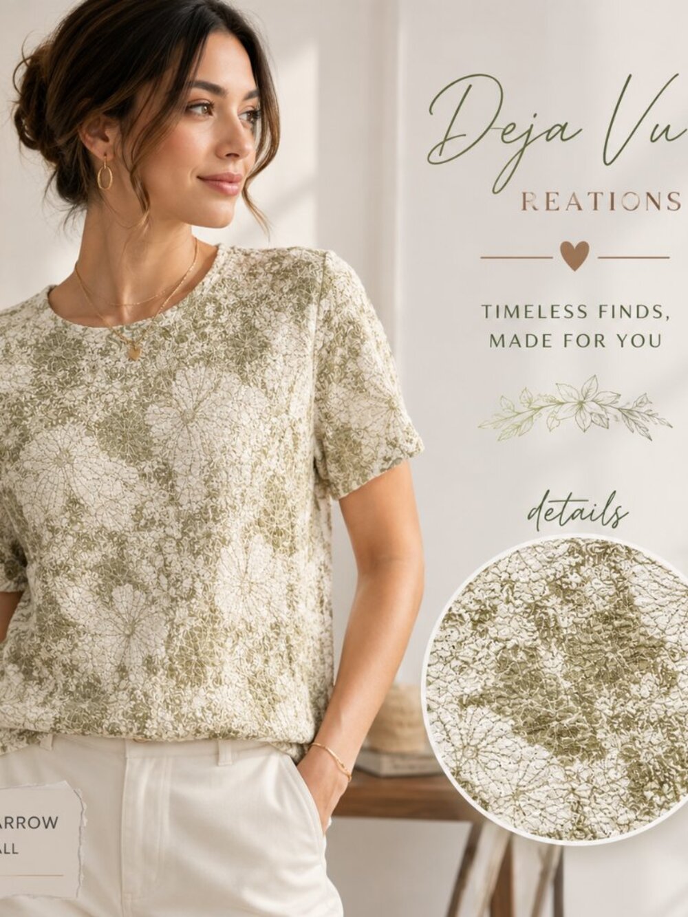 Croft & Barrow Women's Small Floral Lace Textured Top Cream Sage Green Stretch